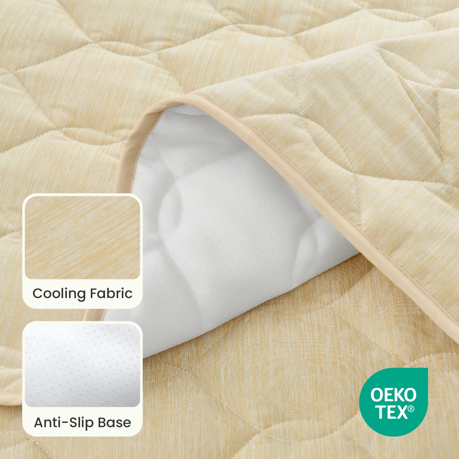 Beige pet mat with cooling fabric and anti-slip base, featuring OEKO-TEX certification.#Color_Beige