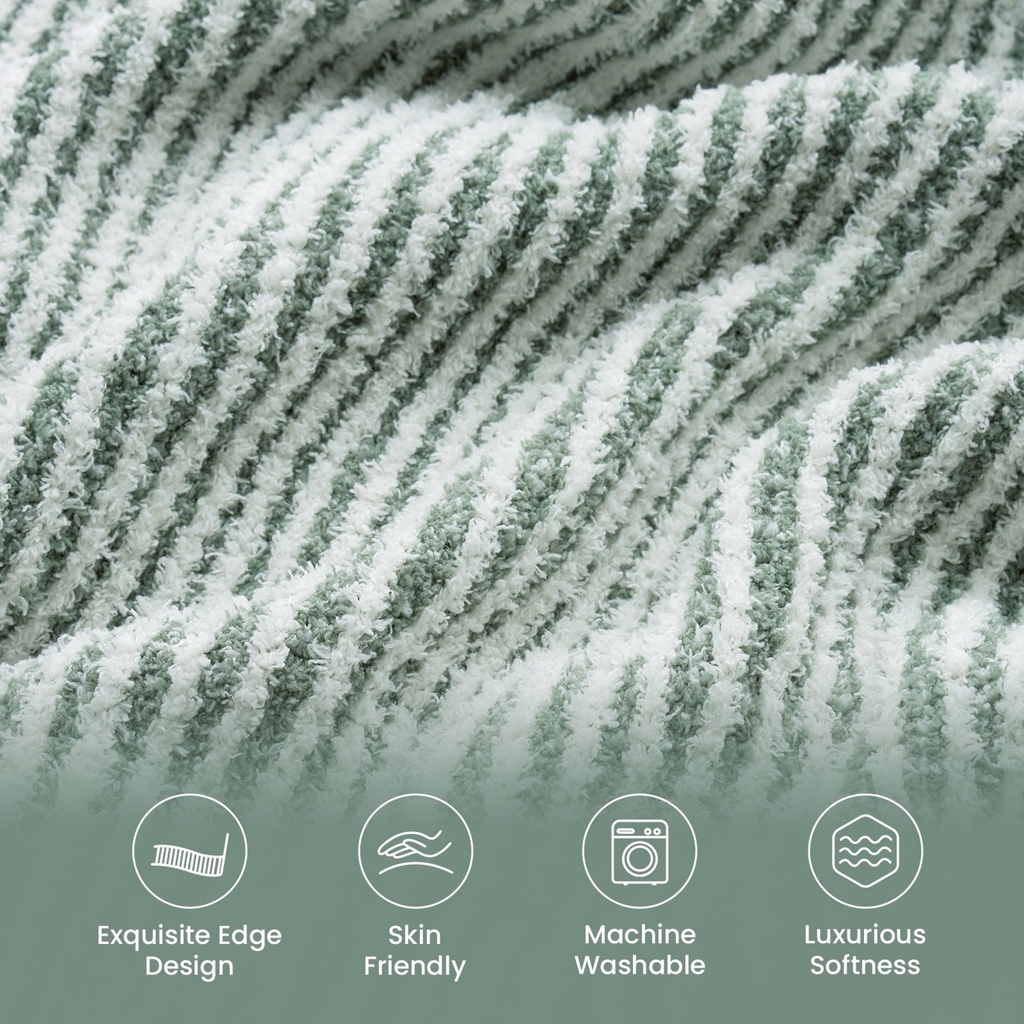 Close-up of ribbed texture and contrast edge on Soft Ribbed Feather Yarn Throw Blanket in Sage Green & White featuring skin-friendly, machine washable and luxurious softness. #color_Sage Green & White