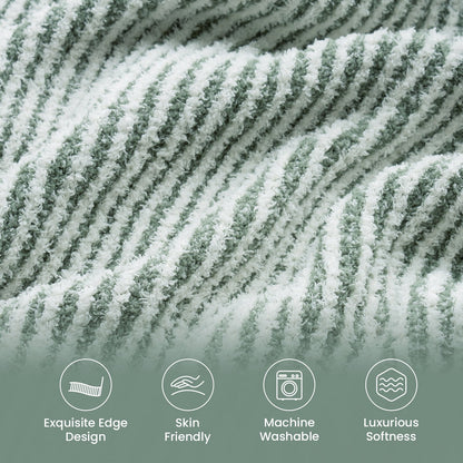 Close-up of ribbed texture and contrast edge on Soft Ribbed Feather Yarn Throw Blanket in Sage Green & White featuring skin-friendly, machine washable and luxurious softness. #color_Sage Green & White