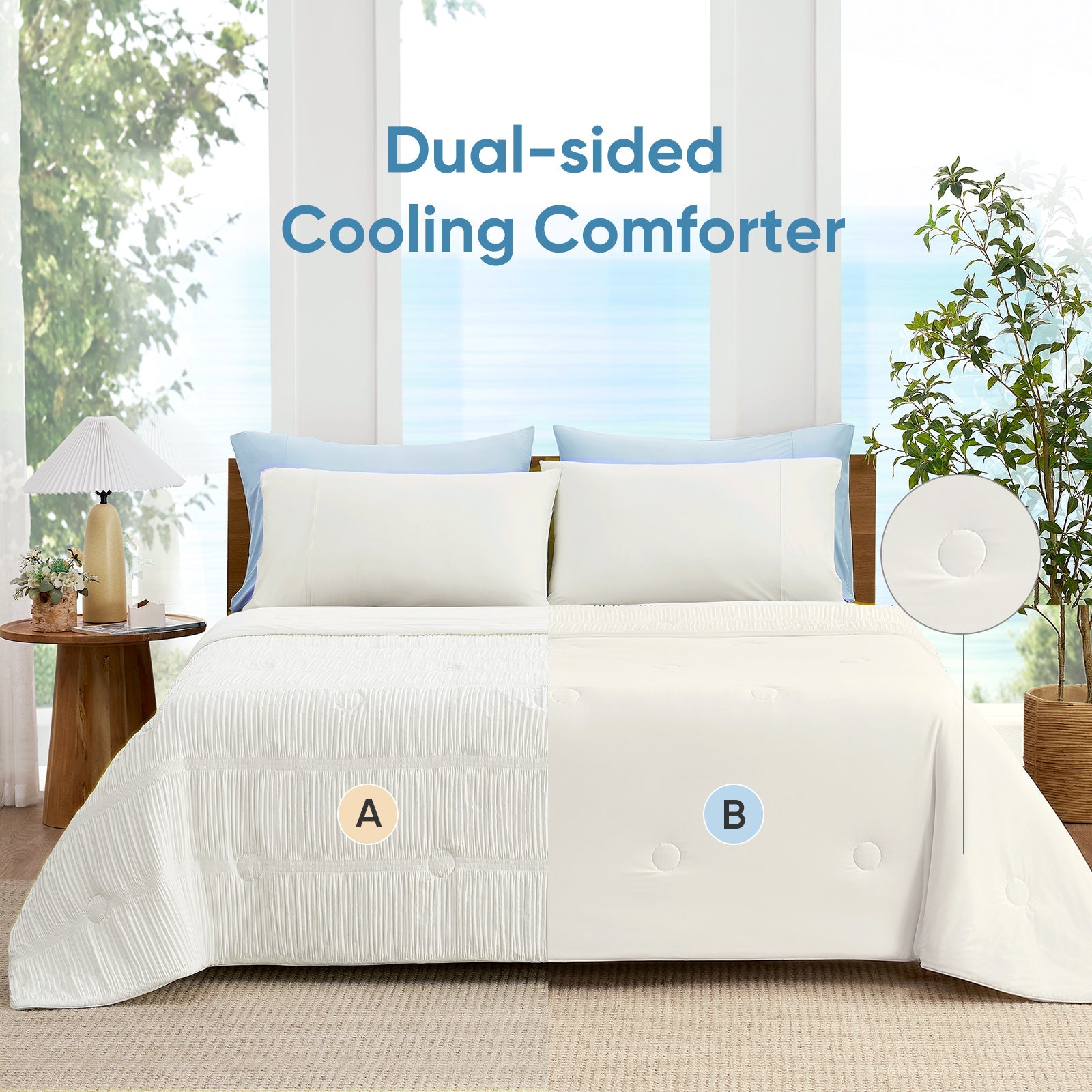 Full bed view of cooling comforter with reversible dual-sided design, showing cooling and breathable sides.#color_Off White