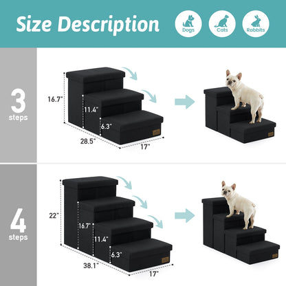 Size description chart for 3-step and 4-step Cozy Bliss storage pet stairs with detailed height and width measurements. #color_Black