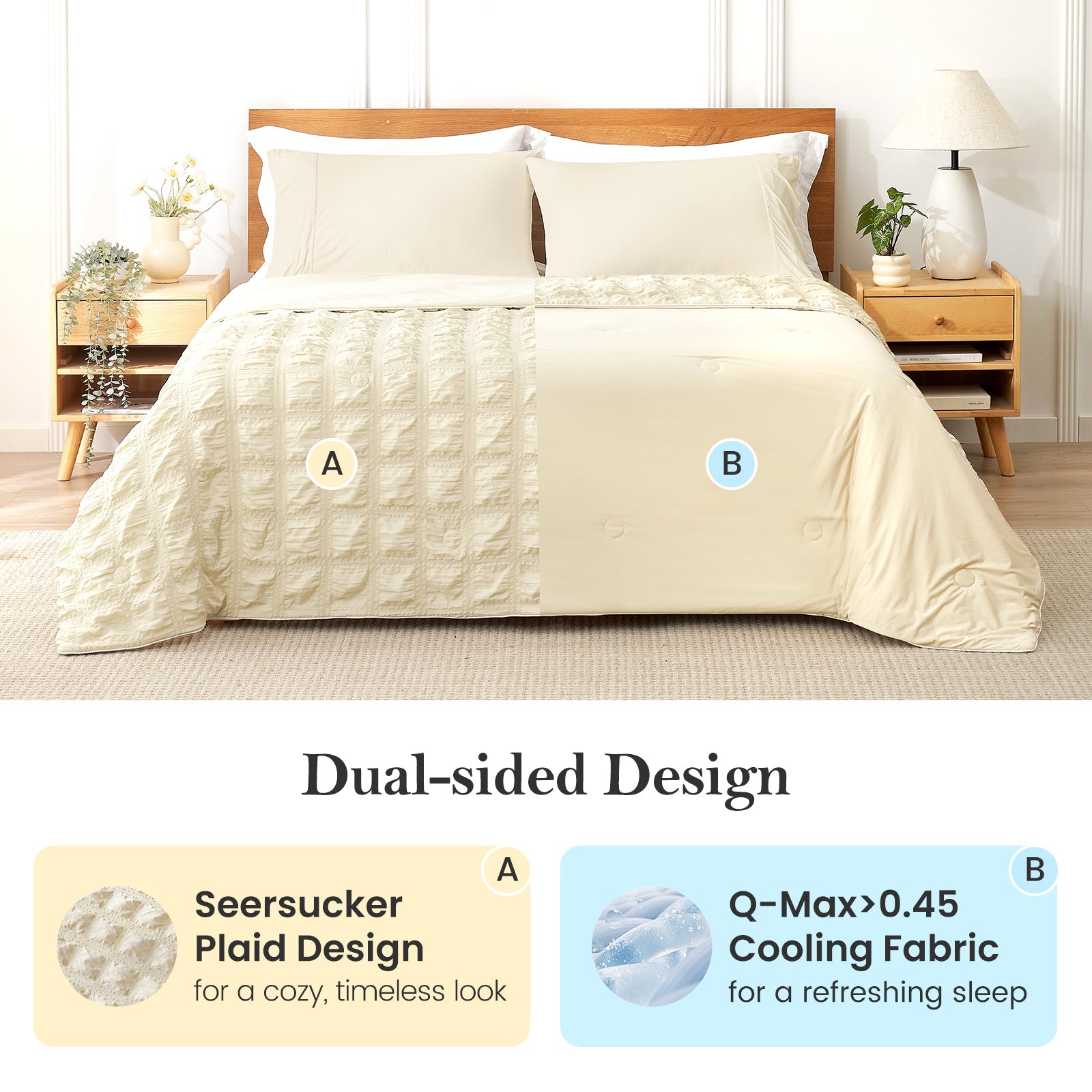 Beige comforter on a bed with dual-sided design features highlighted #color_Beige