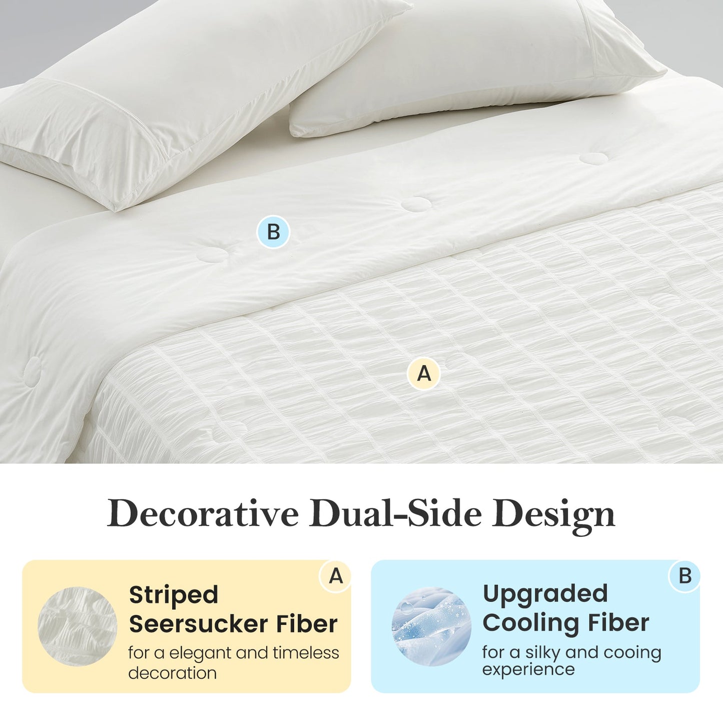 Dual-Side design of Cozy Bliss Vertical Striped Seersucker Cooling Comforter. #color_Off White