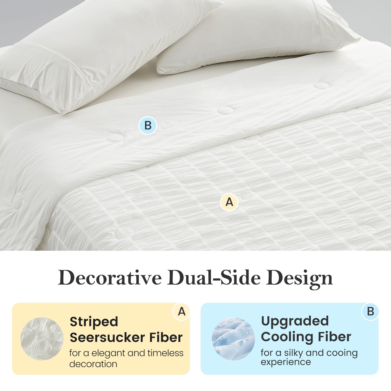 Dual-Side design of Cozy Bliss Vertical Striped Seersucker Cooling Comforter. #color_Off White