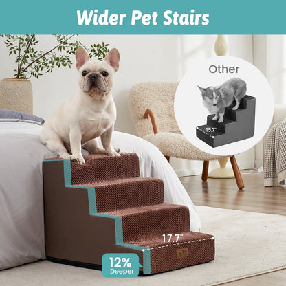 Wider Cozy Bliss foam pet stairs with 12% deeper steps compared to others for better stability. #color_Brown