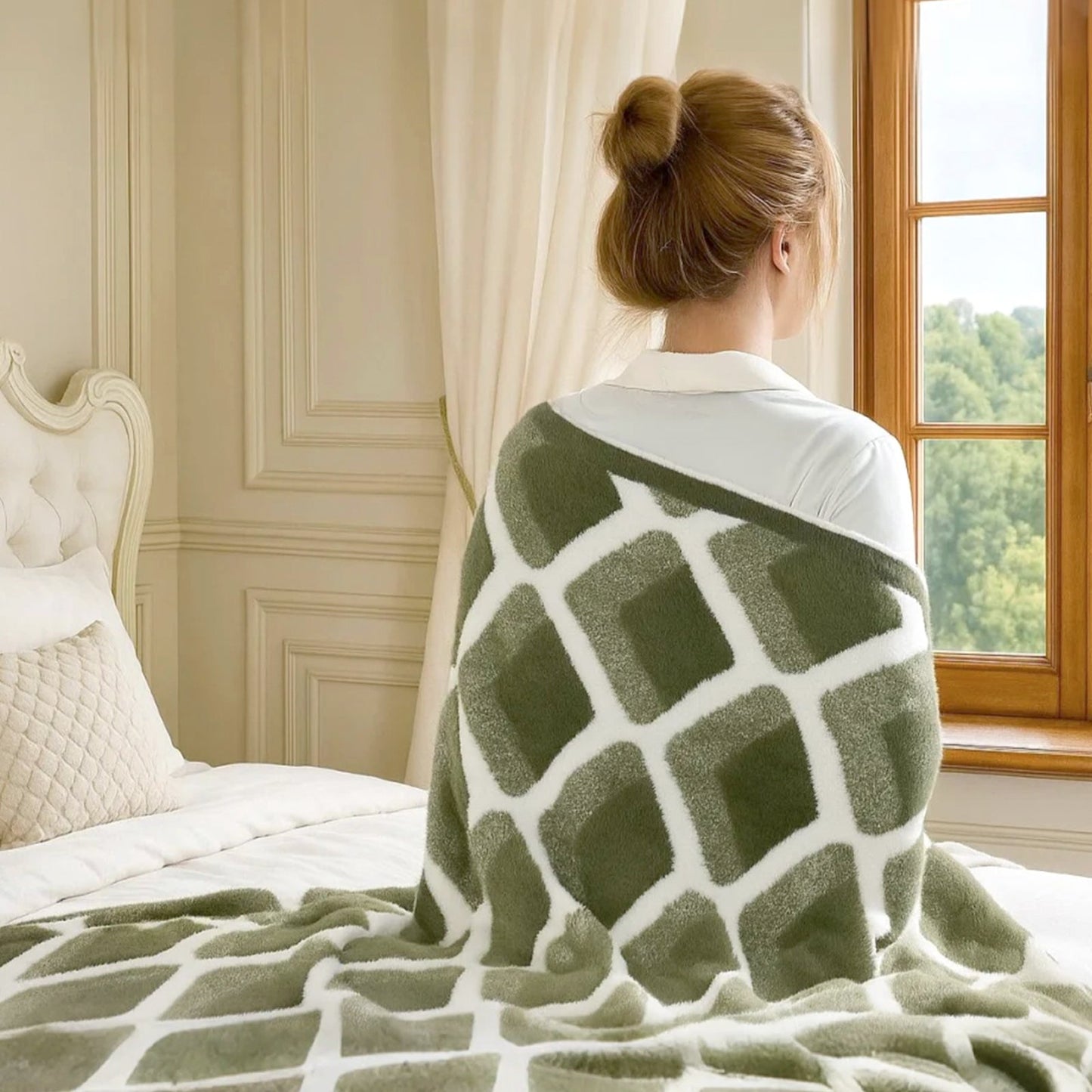 Woman wrapped in Diamond Feather Yarn Throw Blanket in Green sitting by the window, enjoying a cozy and relaxing moment at home. #color_Green
