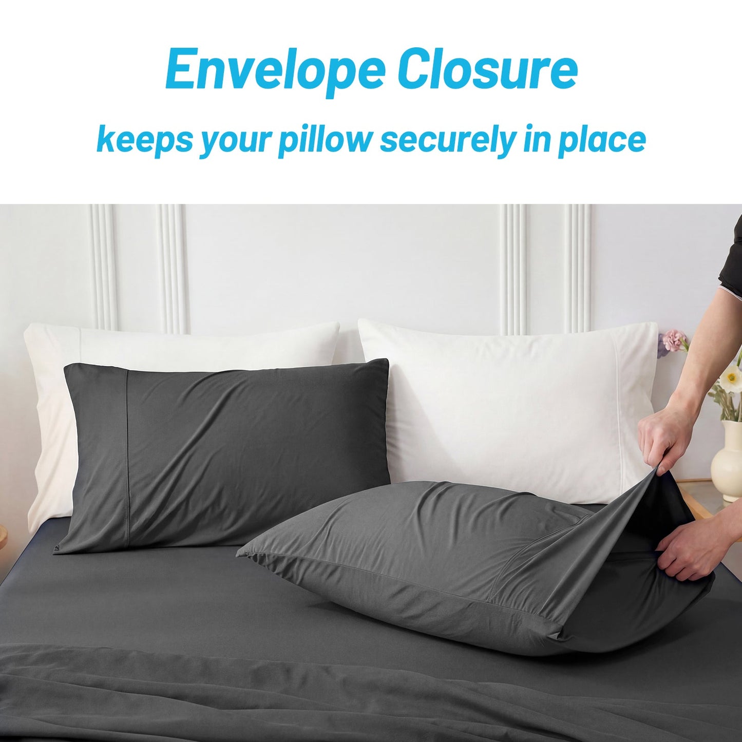 Detail of Cozy Bliss encelope cooling pillowcases, keeping pillow in place. #color_Charcoal Grey
