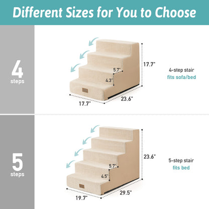 Different sizes of 4-step and 5-step Cozy Bliss foam pet stairs with detailed height measurements. #color_Beige