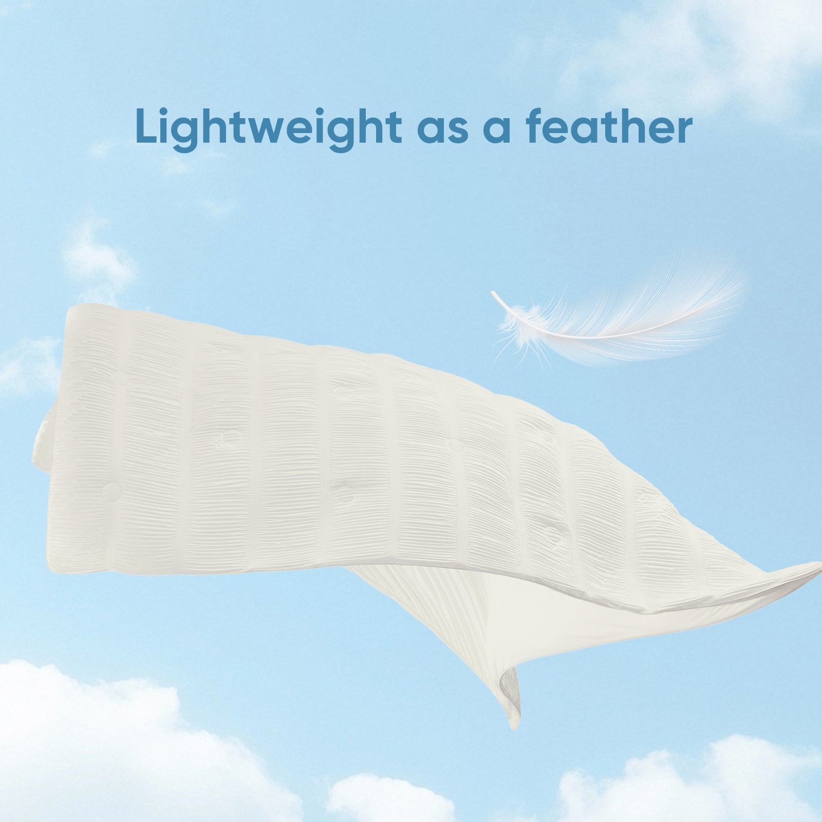 Cooling comforter floating in air, lightweight breathable fabric for cool and comfortable sleep.#color_Off White