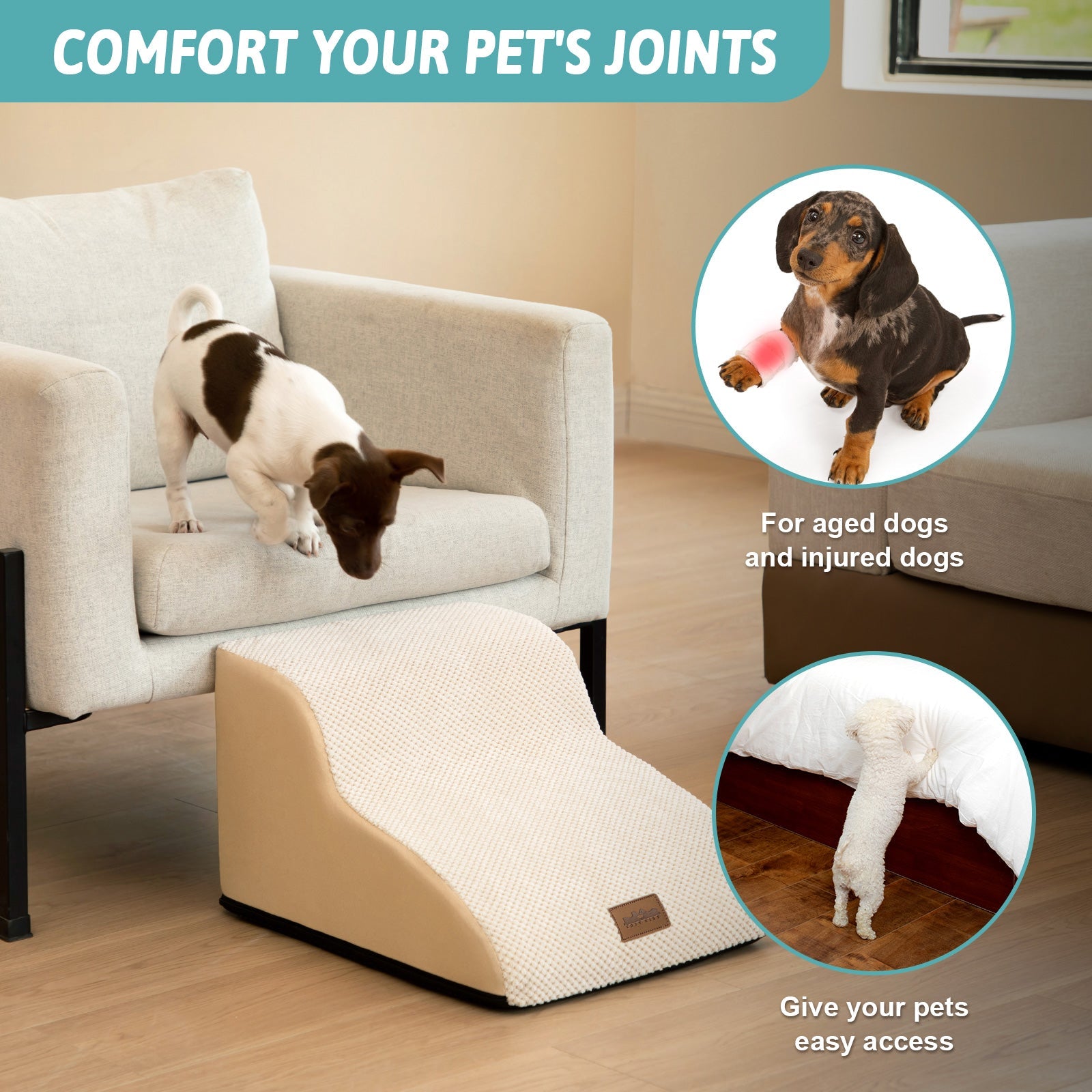 Pet stairs for dogs with text on comfort and ease of access, in a living room setting.#Color_Beige