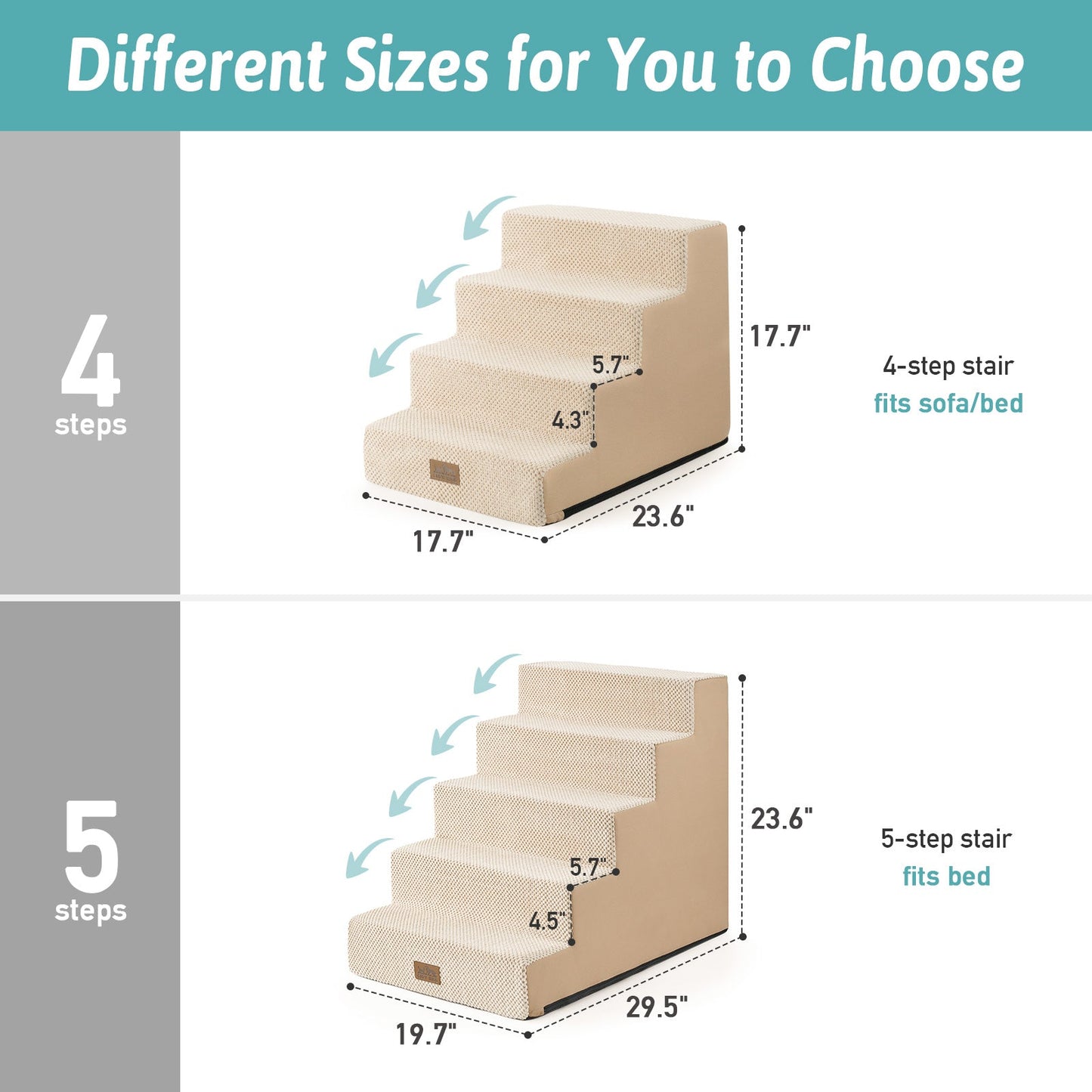 Different sizes of 4-step and 5-step Cozy Bliss foam pet stairs with detailed height measurements. #color_Beige