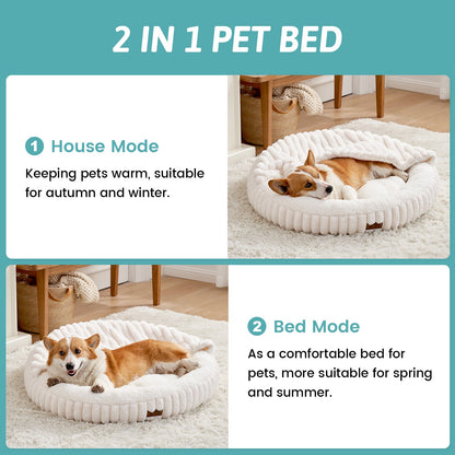 2-in-1 pet bed with a dog inside, showing house mode and bed mode#color_Cream White