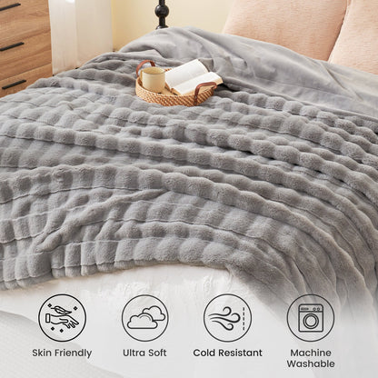 Gray faux fur throw blanket with cross-stripe design, ultra soft and machine washable, cozy bedding #color_Grey