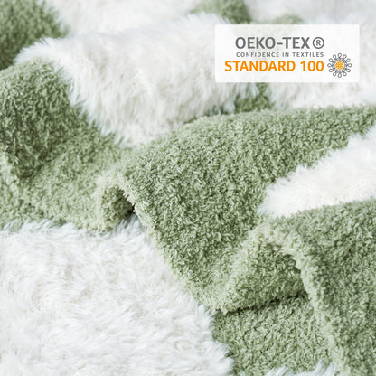 Close-up of Checkered Faux Fur Feather Yarn Throw Blanket in Sage Green & White showcasing plush texture and OEKO-TEX STANDARD 100 certification. #color_Sage Green & White