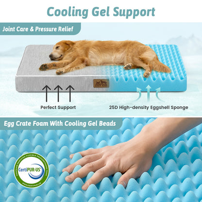 Dog lying on a cooling gel support pad with text highlighting features like joint care, pressure relief, and CertiPUR-US certification.#color_Light Grey