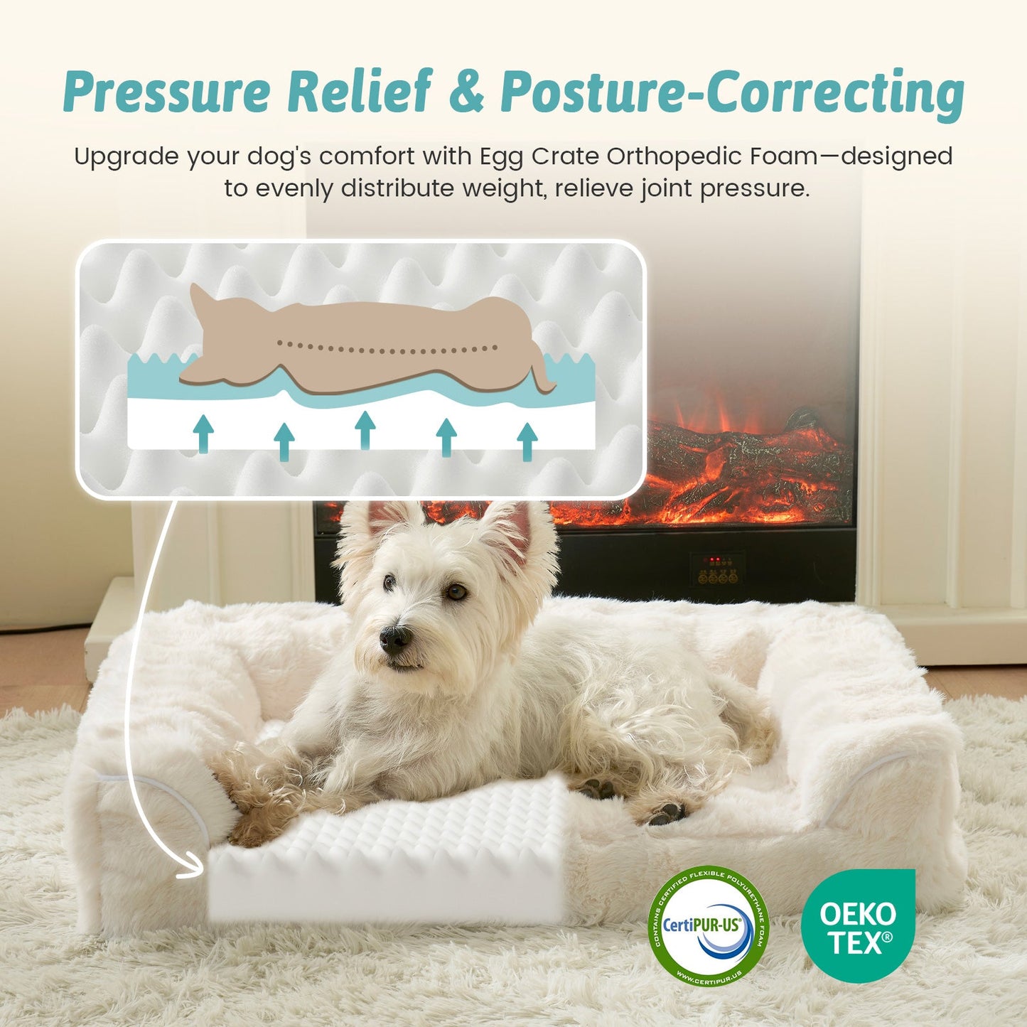 Dog lying on a pressure relief and posture-correcting egg crate orthopedic foam pad with CertiPUR-US and OEKO-TEX certification.#Color_Beige