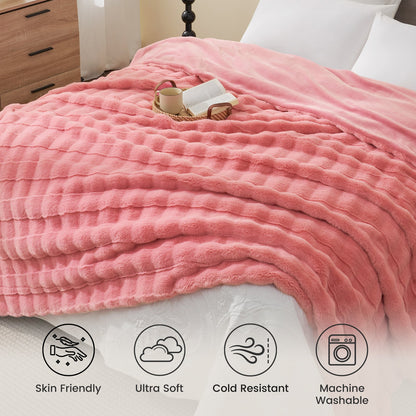 Pink cross-striped fuzzy blanket on bed, Ultra soft and skin friendly #color_Hot Pink