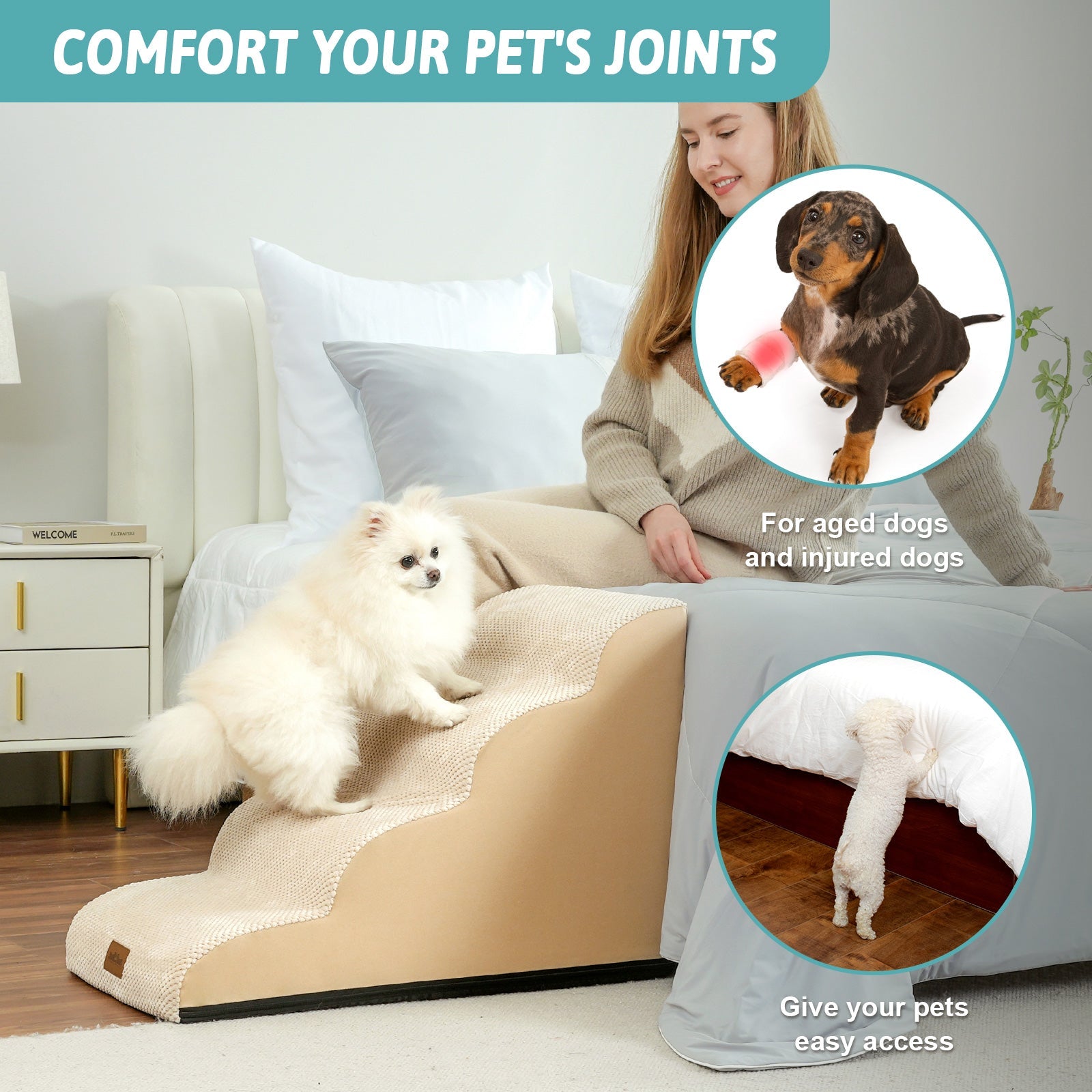 Dog using a pet ramp to reach the top of the bed. #color_Beige