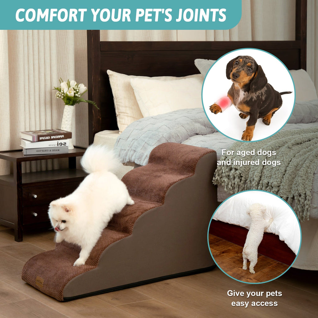 Pet ramp with text 'Comfort Your Pet's Joints' in a bedroom setting.#color_Brown