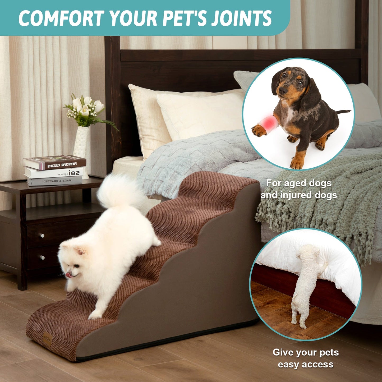Pet ramp with text 'Comfort Your Pet's Joints' in a bedroom setting.#color_Brown
