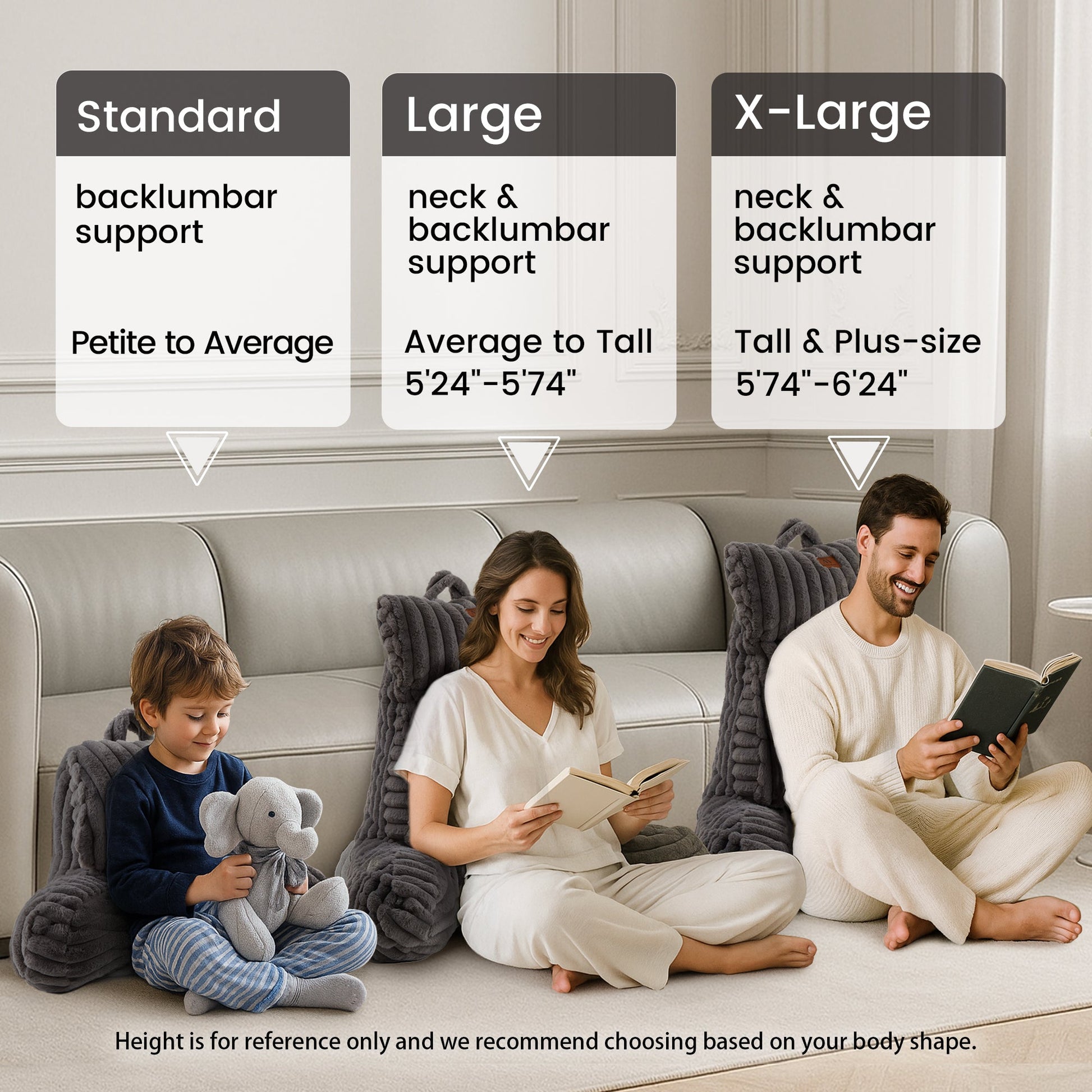 Cozy Bliss striped reading pillow size guide for standard, large, and x-large support options #color_Charcoal Grey