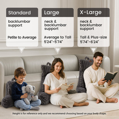 Cozy Bliss striped reading pillow size guide for standard, large, and x-large support options #color_Charcoal Grey