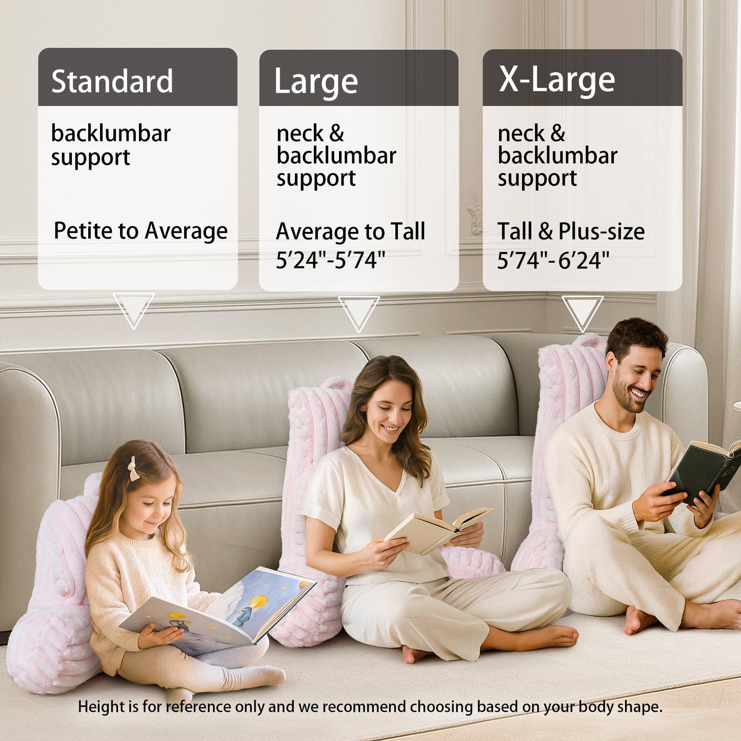 Cozy Bliss striped reading pillow size guide for standard, large, and x-large support options #color_Light Pink
