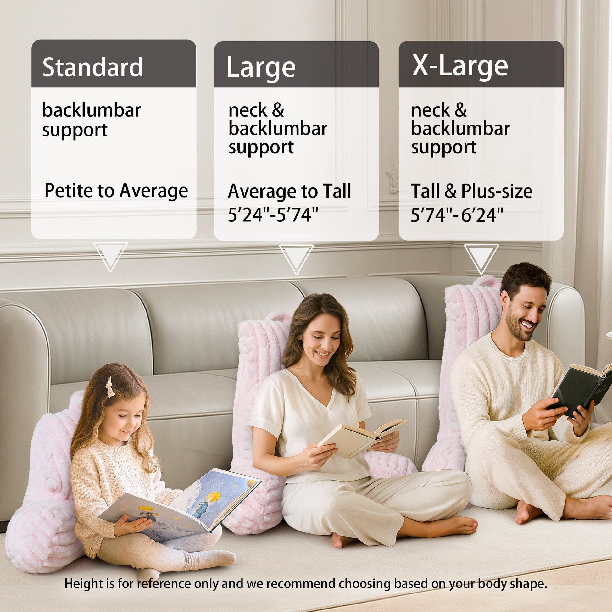 Cozy Bliss striped reading pillow size guide for standard, large, and x-large support options #color_Light Pink