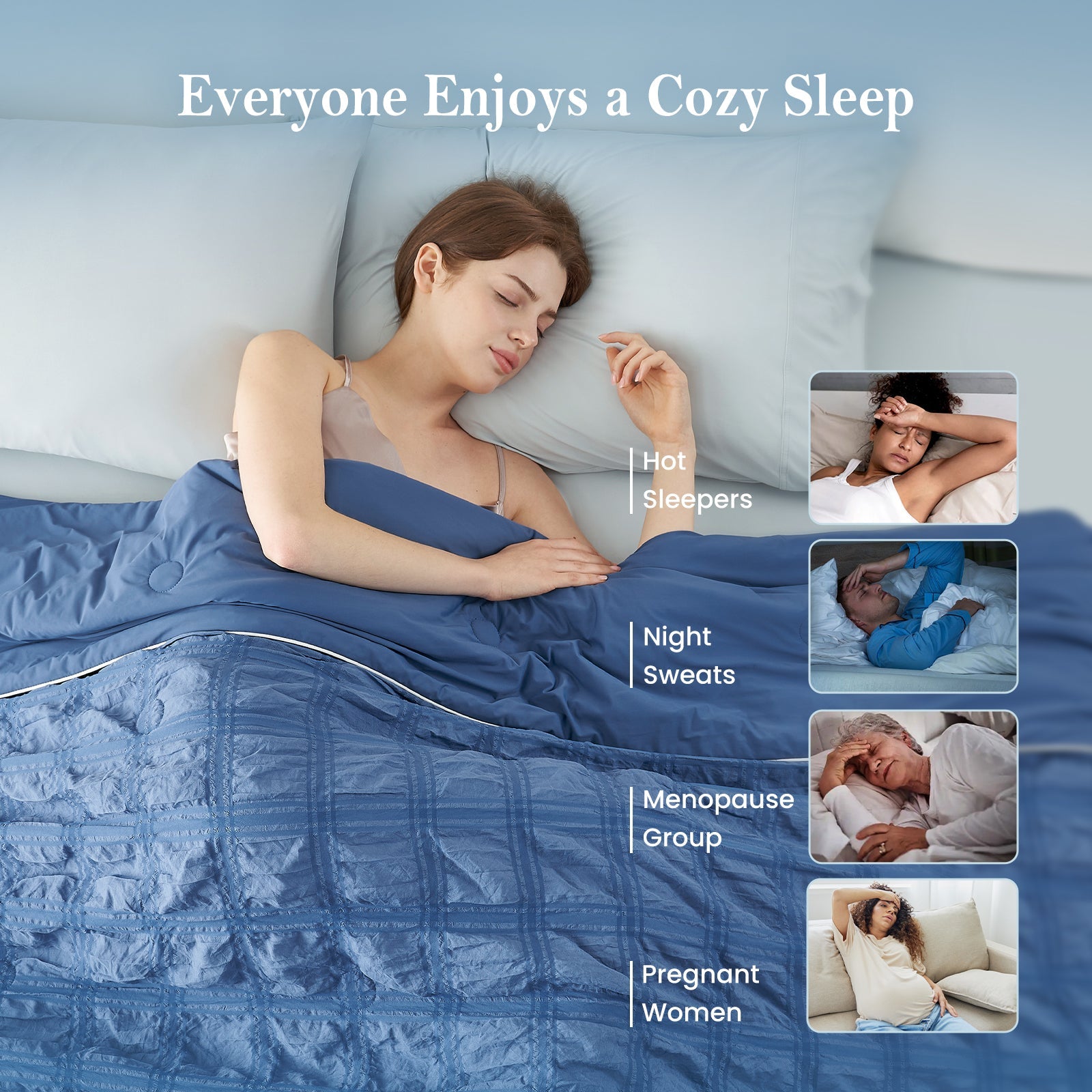 Woman sleeping peacefully under dark blue seersucker cooling comforter for hot sleepers.#color_Dark Blue
