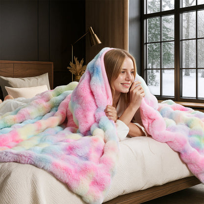 Woman wrapped in a fluffy tie-dye rainbow faux fur blanket on a bed. #color_Tie-dye Rainbow