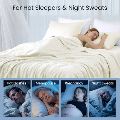 Woman sleeping peacefully under white Tencel™ lyocell cooling comforter, perfect for hot sleepers.#Color_Off White