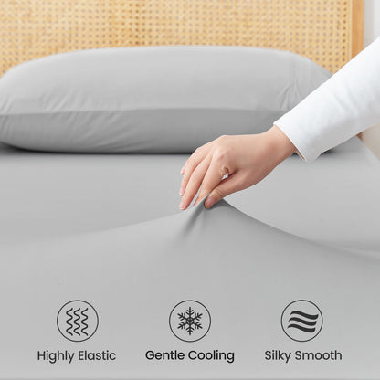 Gray cooling fitted sheet set, highly elastic, gently cooling, and silky smooth. Cozy bedding by Cozybliss. #Color_Light Grey