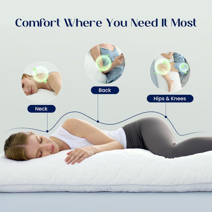Cooling body pillow's elongated design with memory foam fill supports your body from shoulders to legs, easing pressure on the neck, back, hips, and knees. #color_White
