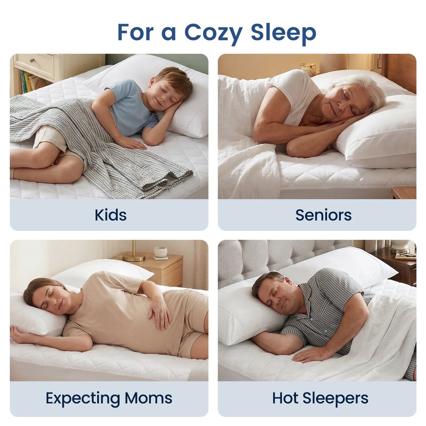 Four images showing people of different age groups and lifestyles sleeping on a mattress, with text indicating suitability for kids, seniors, expecting moms, and hot sleepers. #color_Off White