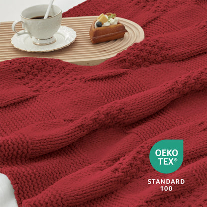 Close-up of Checkered Chenille Knit Throw Blanket in Red showcasing textured chenille knit pattern with a cozy tea and dessert setting. #color_Red
