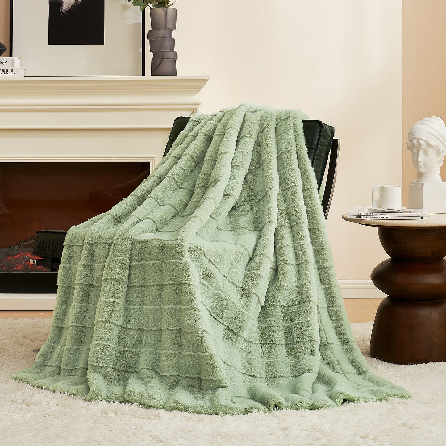 Cross-Striped  Faux Fur Throw Blanket