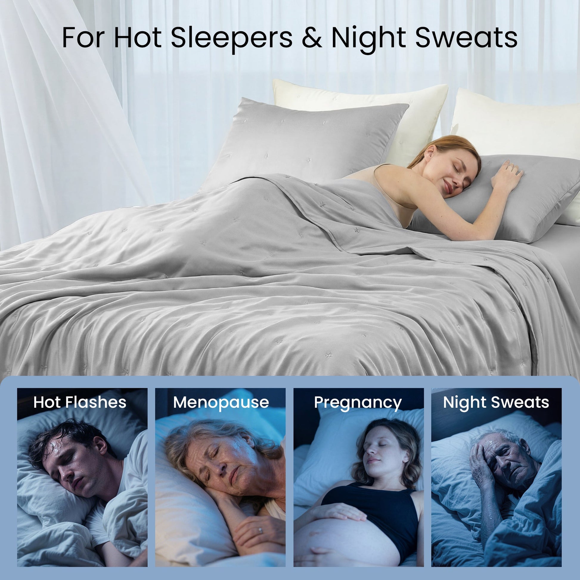 Woman sleeping peacefully under grey Tencel™ lyocell cooling comforter, perfect for hot sleepers.#Color_Grey
