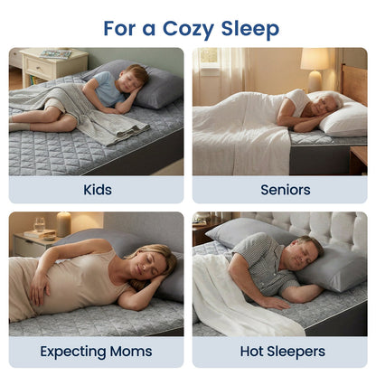 Four scenarios showing people using a product for comfort: kids, seniors, expecting moms, and hot sleepers. #color_Grey