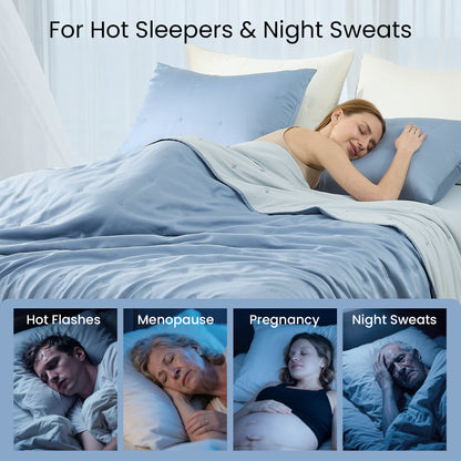 Woman sleeping peacefully under blue Tencel™ lyocell cooling comforter, perfect for hot sleepers.#Color_Dark Blue