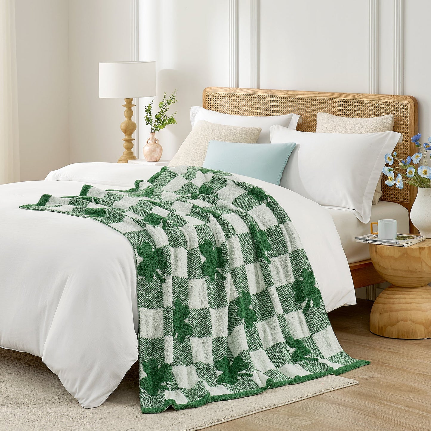 Bed with green and white checkered blanket in a bedroom setting #color_Lucky Clover