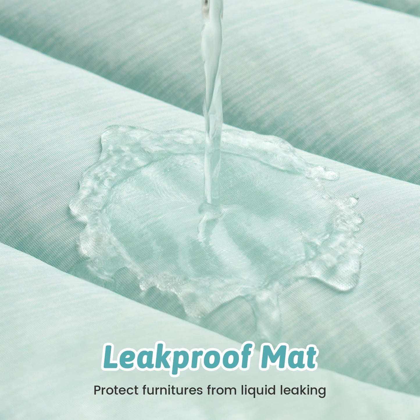 Leakproof mat demonstrating its effectiveness in preventing liquid from seeping through, with text 'Leakproof Mat' and 'Protect furnitures from liquid leaking'. #color_Light Mint Green
