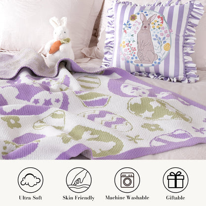 Easter Bunny and Eggs Chenille Knit Throw Blanket in Purple featuring ultra soft, skin-friendly, machine washable and giftable design for everyday comfort and seasonal decor. #color_Purple