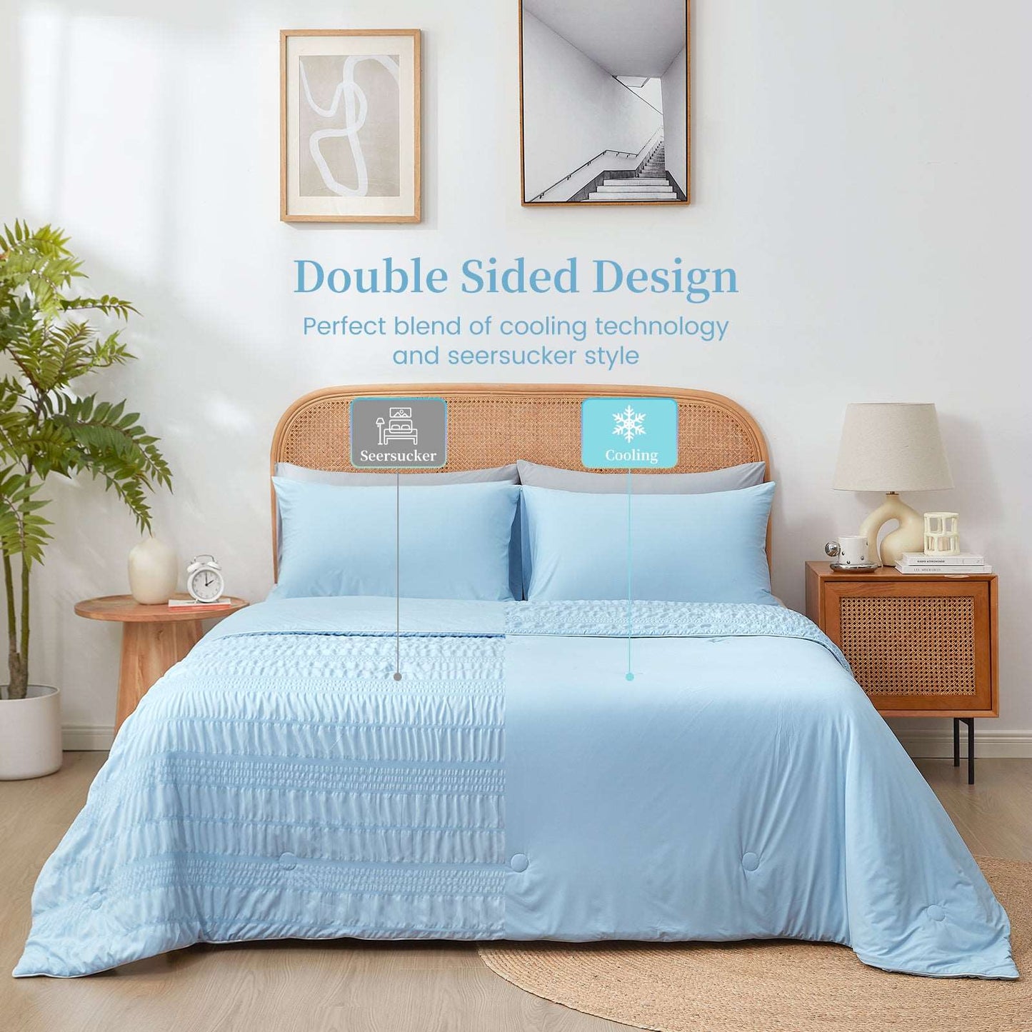 Cozy Bliss Seersucker Cooling Comforter - Double Sided Design #color_Blue