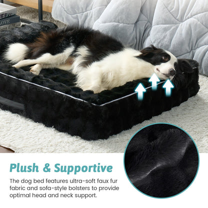 Plush dog bed for pet with image highlighting the plush fabric and supportive bolster#Color_Black