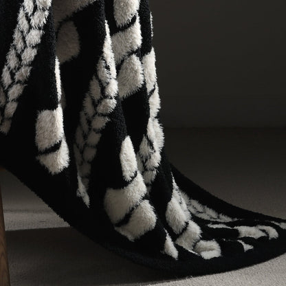 Close-up of cable knit pattern on Faux Mink Cable Knit Throw Blanket in Black highlighting soft faux mink fibers and textured design. #color_Black