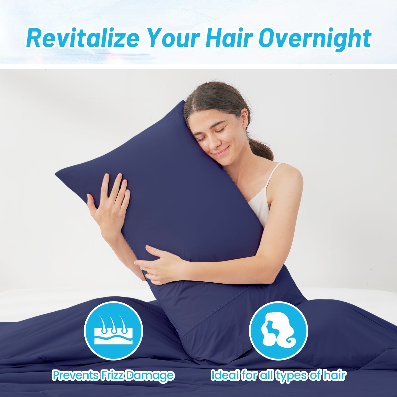 Navy blue cooling pillowcase, revitalizing hair overnight, prevents frizz and suits all hair types. #color_Navy Blue