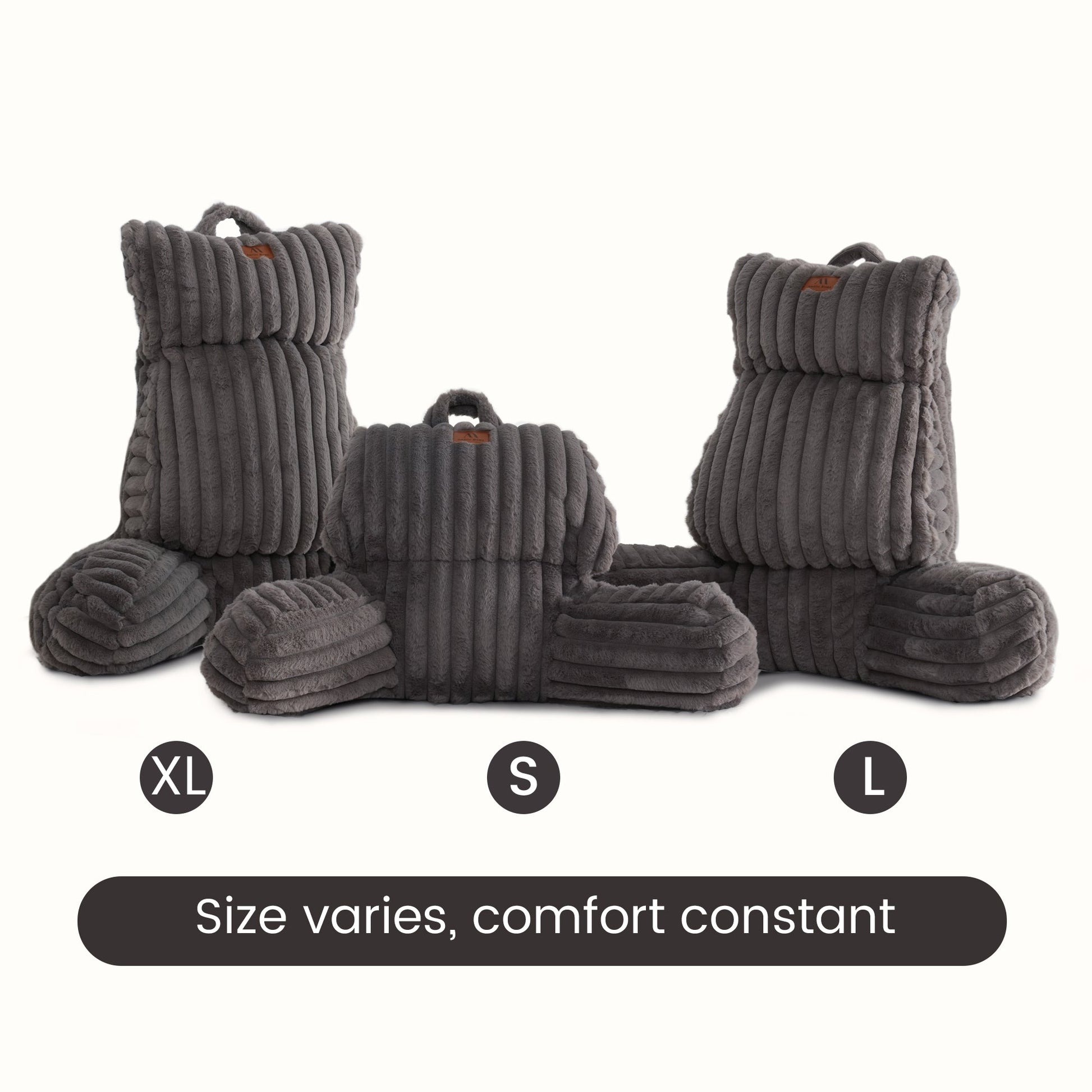 Cozy Bliss striped reading pillow size guide for standard, large, and x-large support options #color_Charcoal Grey