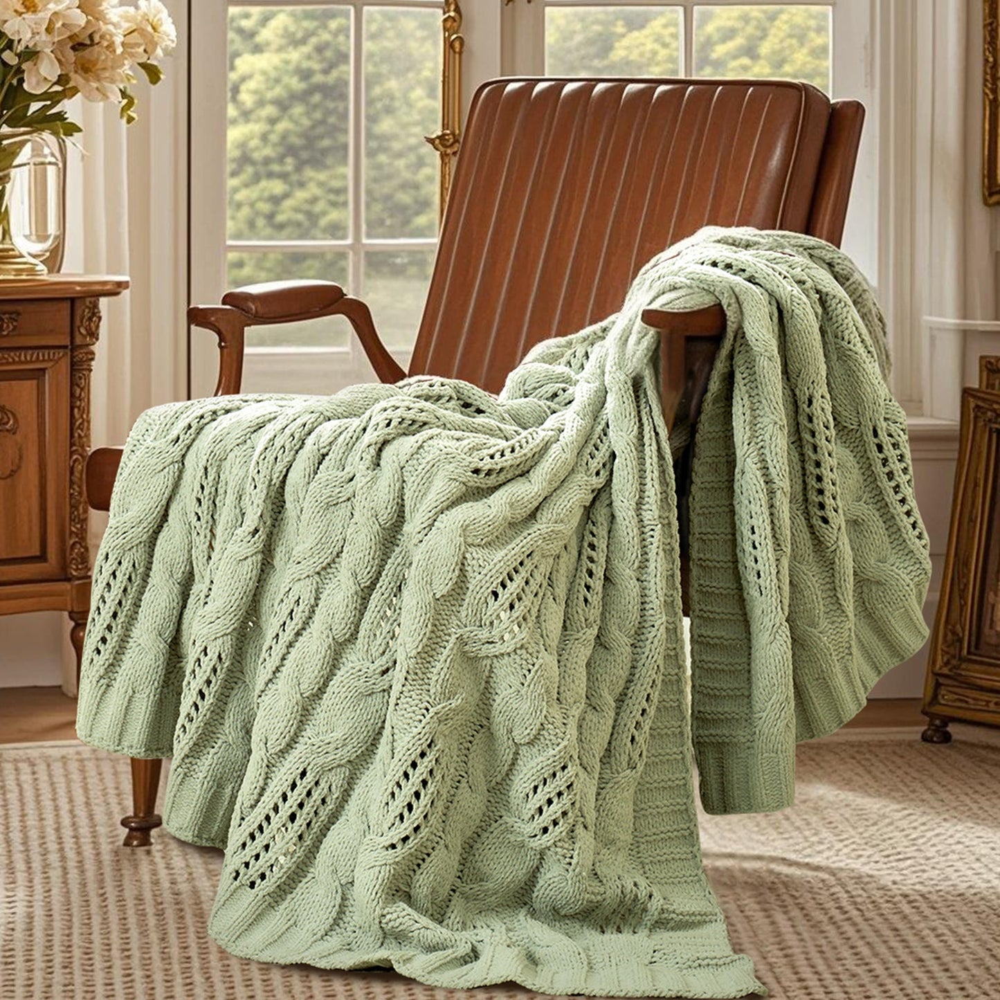 Chenille Cable Knit Throw Blanket in Sage Green front view draped over an armchair, showcasing soft chenille texture and elegant cable knit design. #color_Sage Green