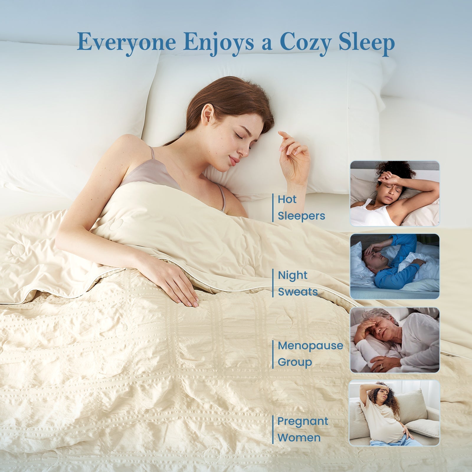 Woman sleeping peacefully under beige seersucker cooling comforter for hot sleepers.#color_Beige