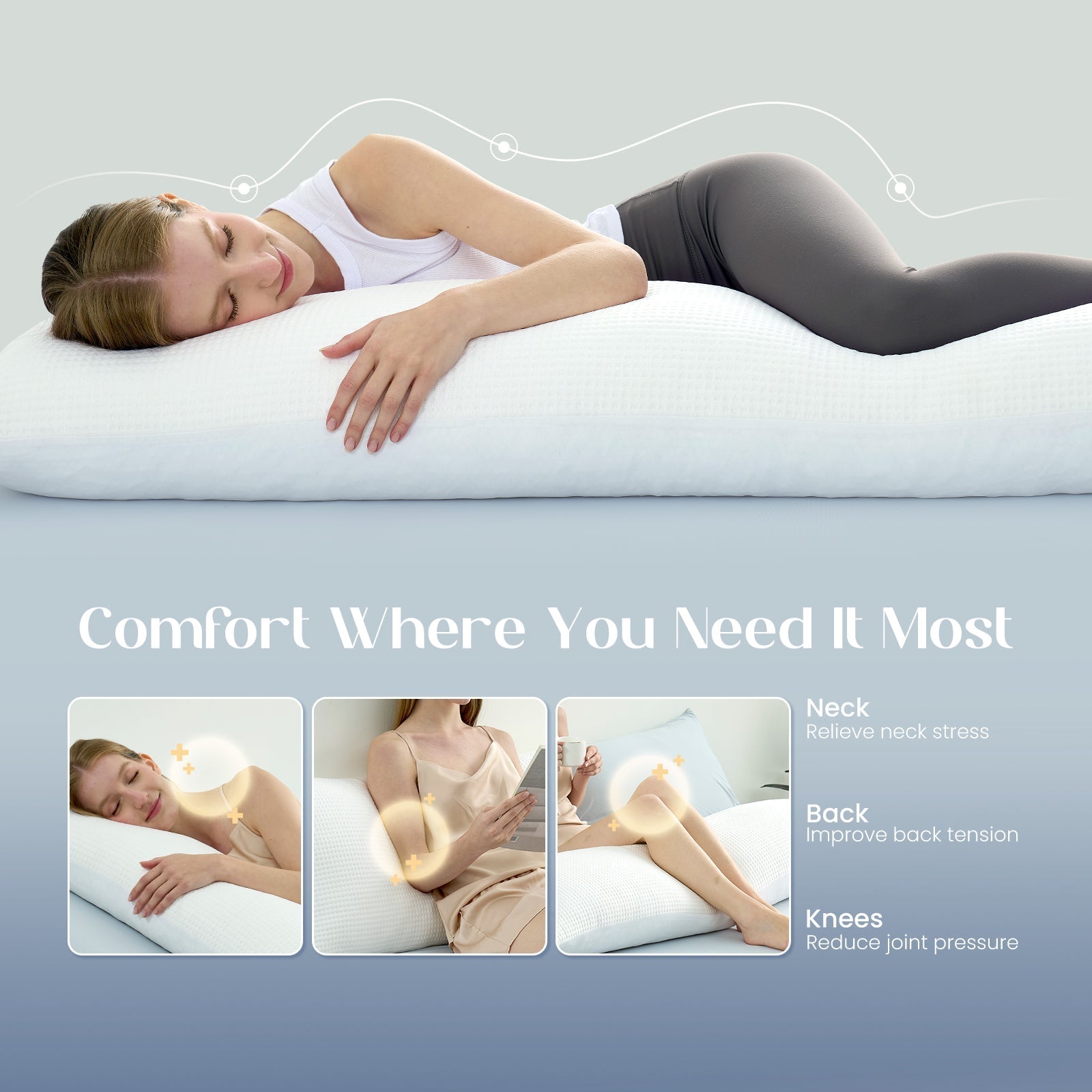 Outlast® Cooling Body Pillow delivers cooling comfort and full-body support for side sleepers, expectant mothers, and anyone seeking pressure relief with a cooler sleep feel.#color_Off White
